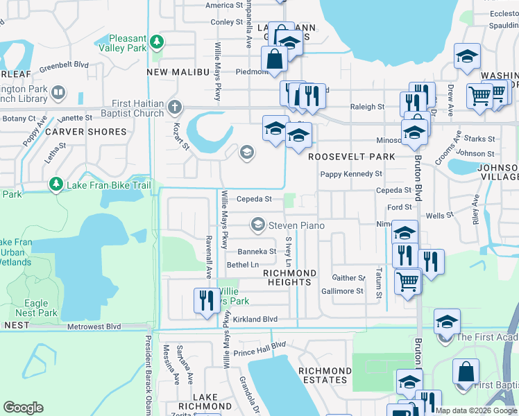 map of restaurants, bars, coffee shops, grocery stores, and more near 4503 Cassius Street in Orlando
