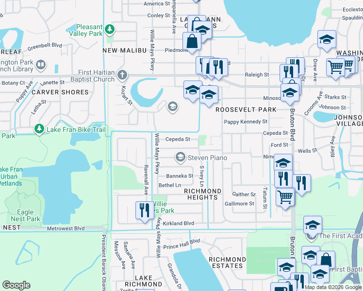 map of restaurants, bars, coffee shops, grocery stores, and more near 4503 Cassius Street in Orlando