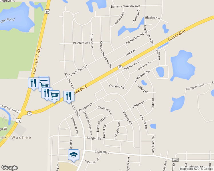 map of restaurants, bars, coffee shops, grocery stores, and more near 6299 Lorraine Lane in Spring Hill