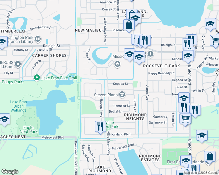 map of restaurants, bars, coffee shops, grocery stores, and more near 4565 Cassius Street in Orlando