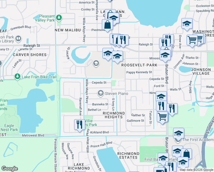 map of restaurants, bars, coffee shops, grocery stores, and more near 4423 Cassius Street in Orlando
