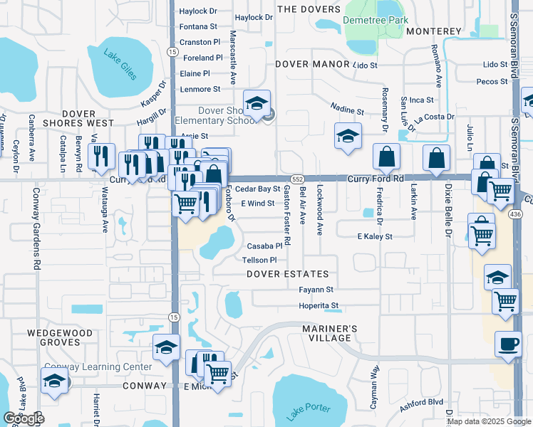 map of restaurants, bars, coffee shops, grocery stores, and more near 4915 Oakbrooke Place in Orlando