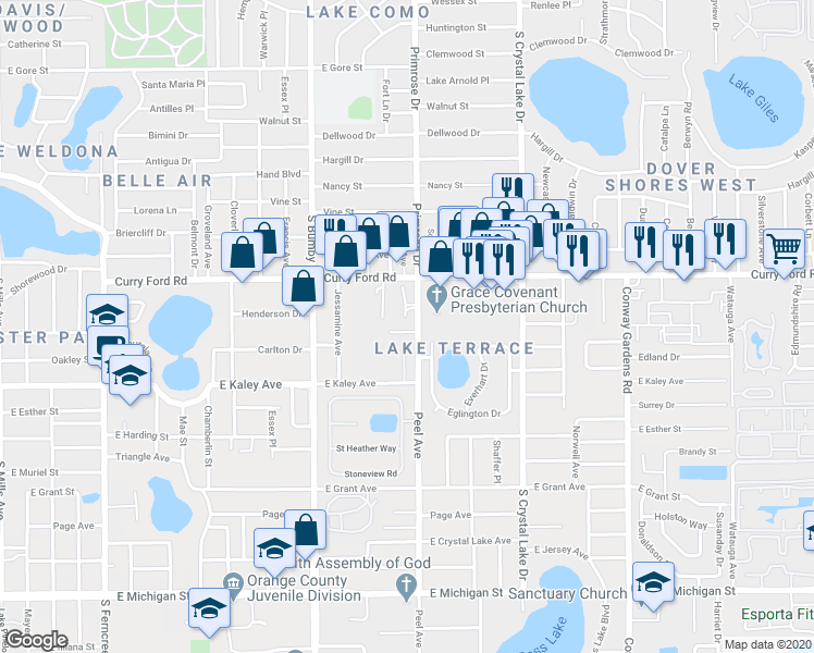 map of restaurants, bars, coffee shops, grocery stores, and more near 2697 Orange Peel Court in Orlando