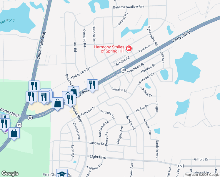 map of restaurants, bars, coffee shops, grocery stores, and more near 6299 Lorraine Lane in Spring Hill