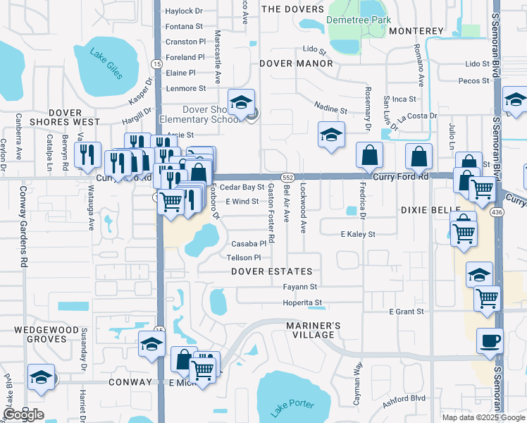 map of restaurants, bars, coffee shops, grocery stores, and more near 1729 Gaston Foster Road in Orlando