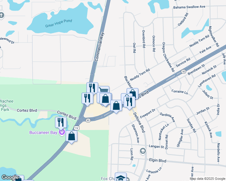 map of restaurants, bars, coffee shops, grocery stores, and more near 9342 Noddy Tern Road in Spring Hill