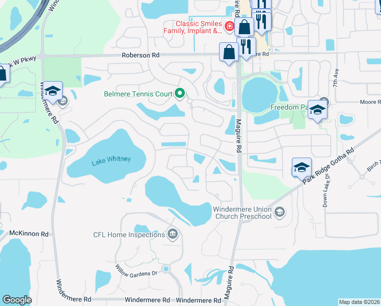 map of restaurants, bars, coffee shops, grocery stores, and more near 1509 Glenheather Drive in Windermere