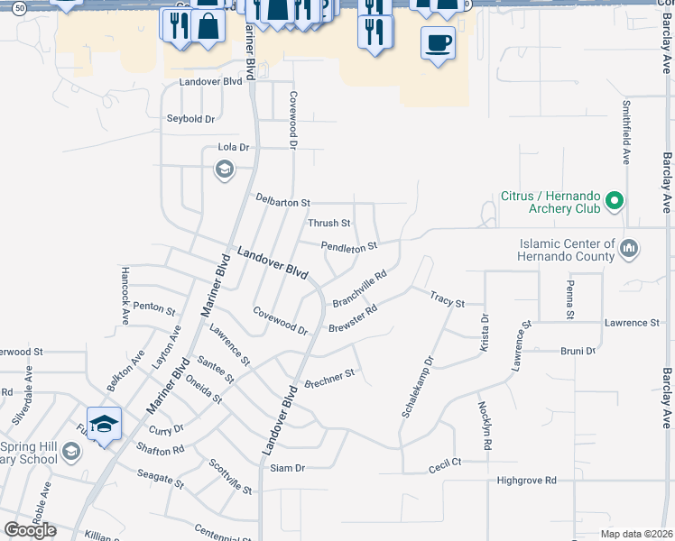 map of restaurants, bars, coffee shops, grocery stores, and more near 6288 Abady Lane in Spring Hill