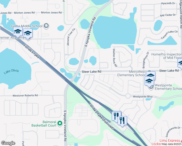 map of restaurants, bars, coffee shops, grocery stores, and more near 1965 Westpointe Circle in Orlando