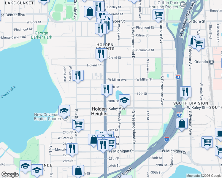 map of restaurants, bars, coffee shops, grocery stores, and more near 1222 18th Street in Orlando