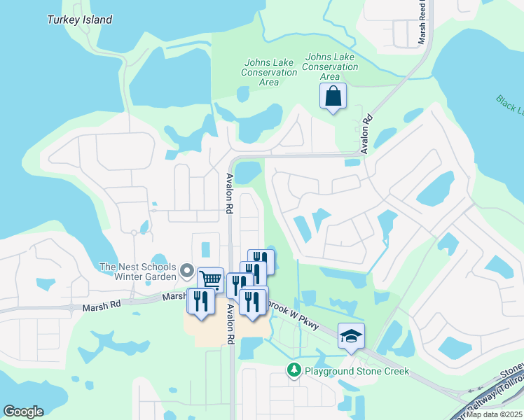 map of restaurants, bars, coffee shops, grocery stores, and more near 1343 Priory Circle in Winter Garden