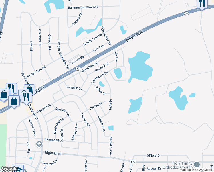 map of restaurants, bars, coffee shops, grocery stores, and more near 6385 India Drive in Spring Hill