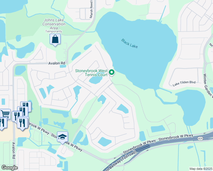 map of restaurants, bars, coffee shops, grocery stores, and more near 2025 Sailborough Court in Winter Garden