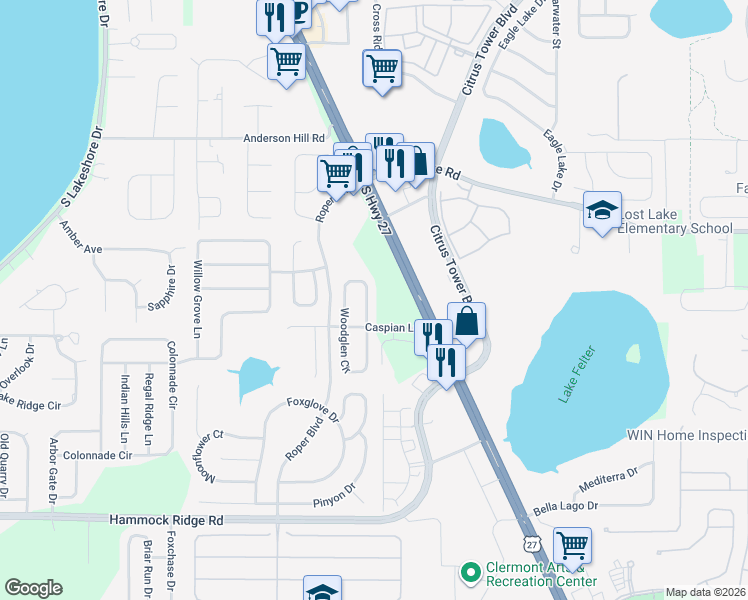 map of restaurants, bars, coffee shops, grocery stores, and more near 12301 Woodglen Circle in Clermont