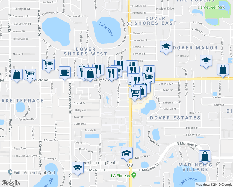 map of restaurants, bars, coffee shops, grocery stores, and more near 1700 Edmundshire Road in Orlando