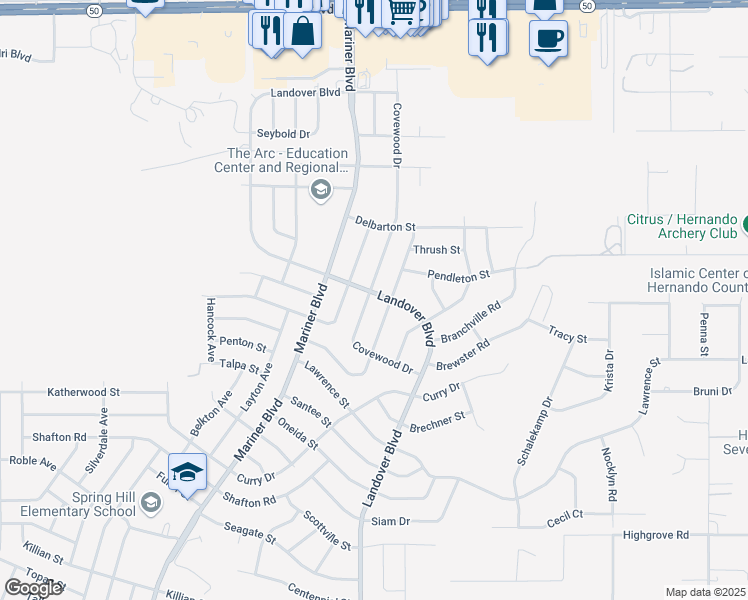 map of restaurants, bars, coffee shops, grocery stores, and more near 6370 Covewood Dr in Spring Hill
