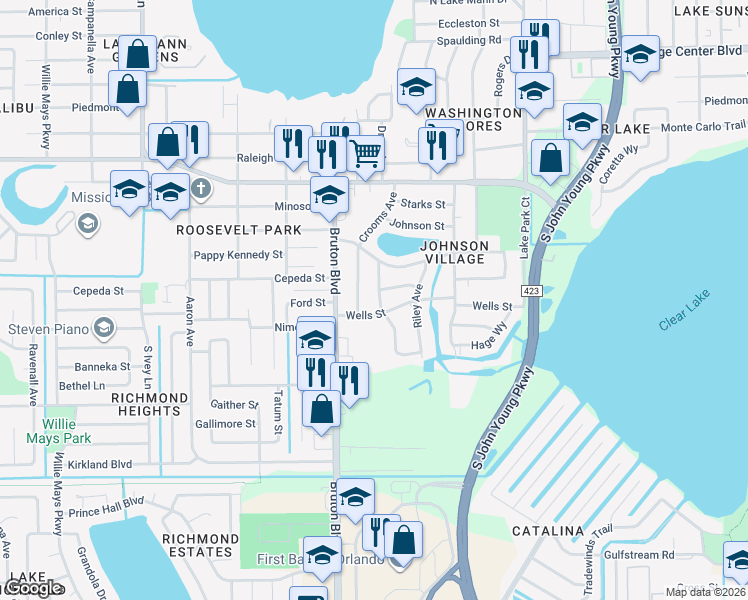 map of restaurants, bars, coffee shops, grocery stores, and more near 1620 Guinyard Way in Orlando