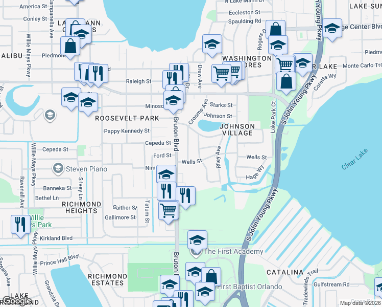 map of restaurants, bars, coffee shops, grocery stores, and more near 1620 Guinyard Way in Orlando
