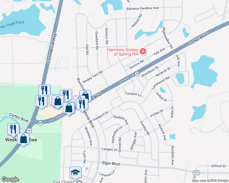 map of restaurants, bars, coffee shops, grocery stores, and more near 6327 Melshire Avenue in Spring Hill