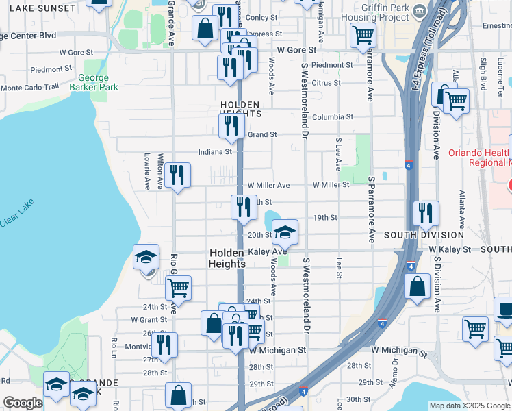 map of restaurants, bars, coffee shops, grocery stores, and more near 1222 18th Street in Orlando