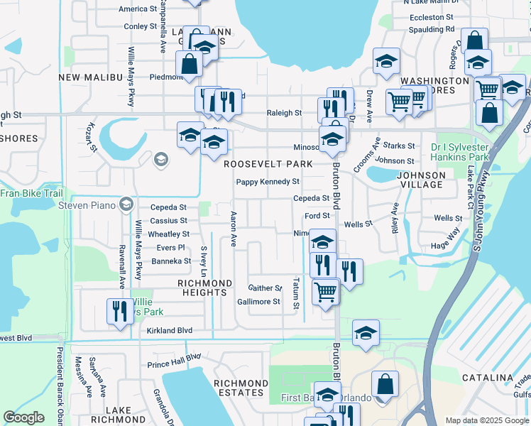 map of restaurants, bars, coffee shops, grocery stores, and more near 1637 Cresthaven Avenue in Orlando