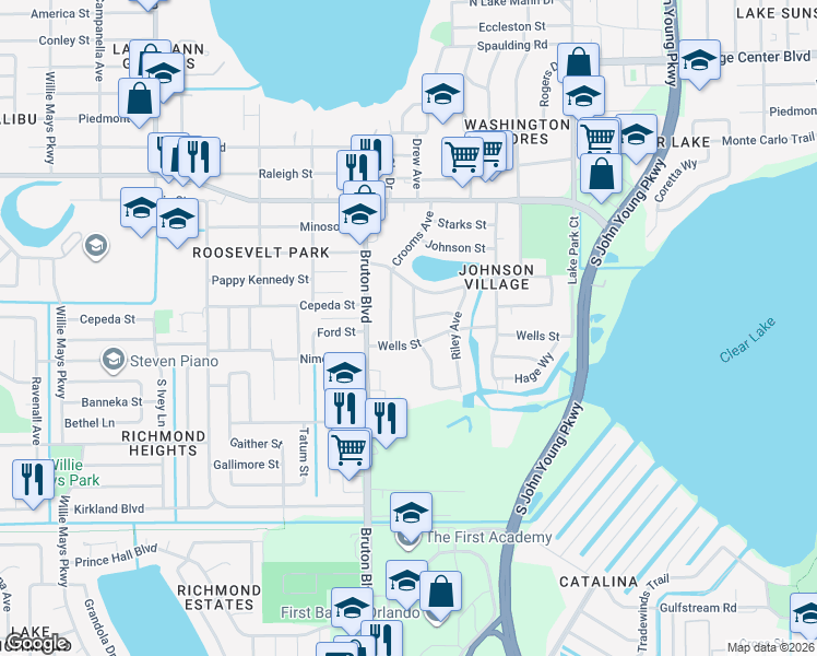 map of restaurants, bars, coffee shops, grocery stores, and more near 1620 Guinyard Way in Orlando