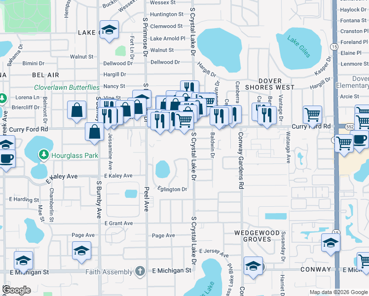 map of restaurants, bars, coffee shops, grocery stores, and more near 1646 South Crystal Lake Drive in Orlando