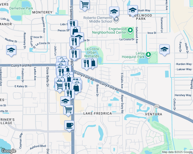 map of restaurants, bars, coffee shops, grocery stores, and more near 5905 Clydesdale Place in Orlando