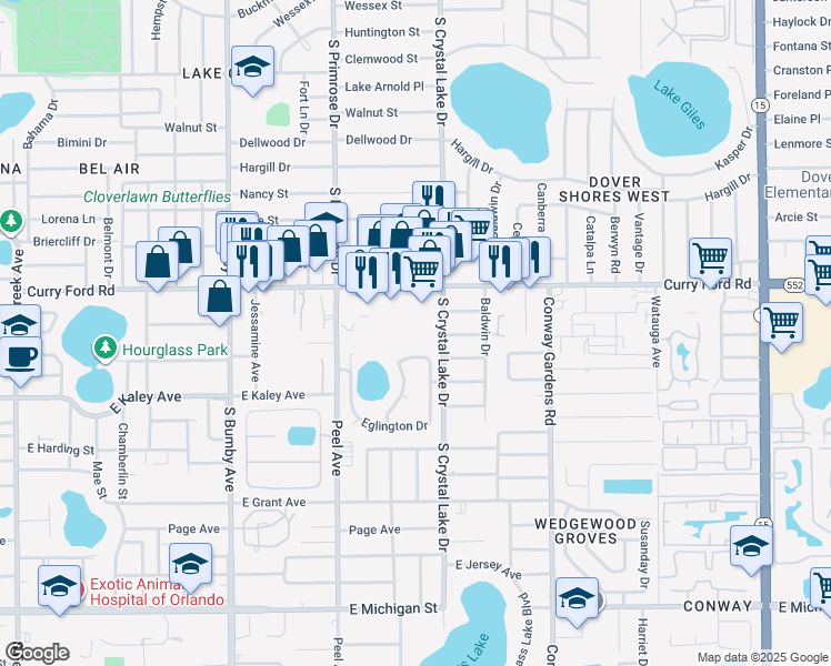map of restaurants, bars, coffee shops, grocery stores, and more near 1628 South Crystal Lake Drive in Orlando