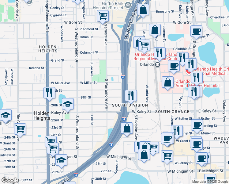 map of restaurants, bars, coffee shops, grocery stores, and more near 602 18th Street in Orlando
