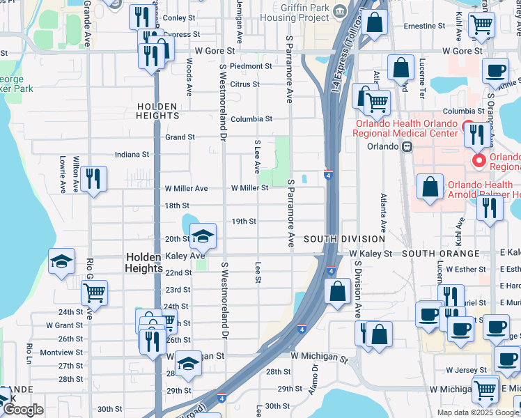 map of restaurants, bars, coffee shops, grocery stores, and more near 722 18th Street in Orlando