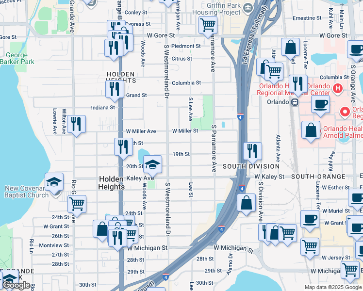 map of restaurants, bars, coffee shops, grocery stores, and more near 904 18th Street in Orlando