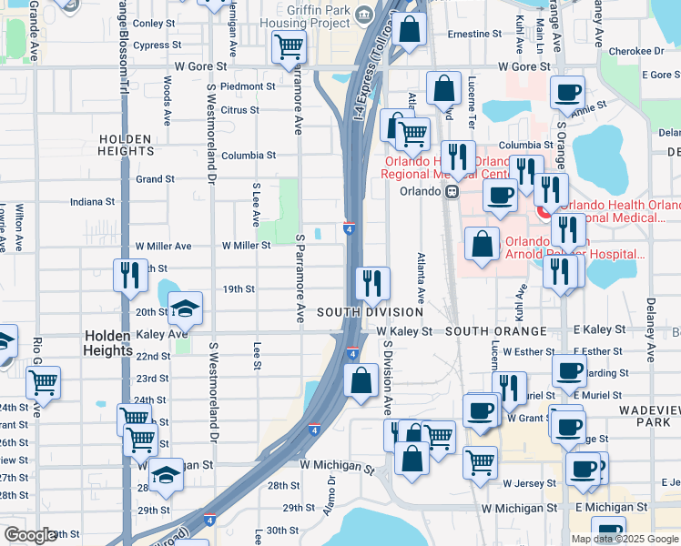 map of restaurants, bars, coffee shops, grocery stores, and more near 602 18th Street in Orlando