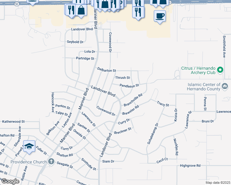 map of restaurants, bars, coffee shops, grocery stores, and more near 6322 Landover Boulevard in Spring Hill