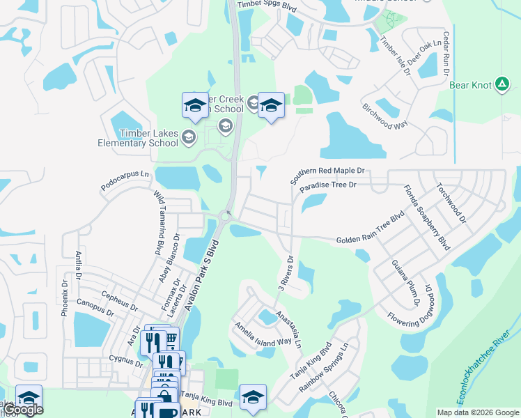 map of restaurants, bars, coffee shops, grocery stores, and more near 14049 Wild Majestic Street in Orlando