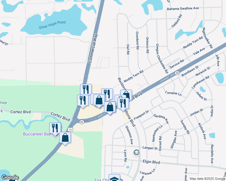map of restaurants, bars, coffee shops, grocery stores, and more near 9342 Noddy Tern Road in Spring Hill