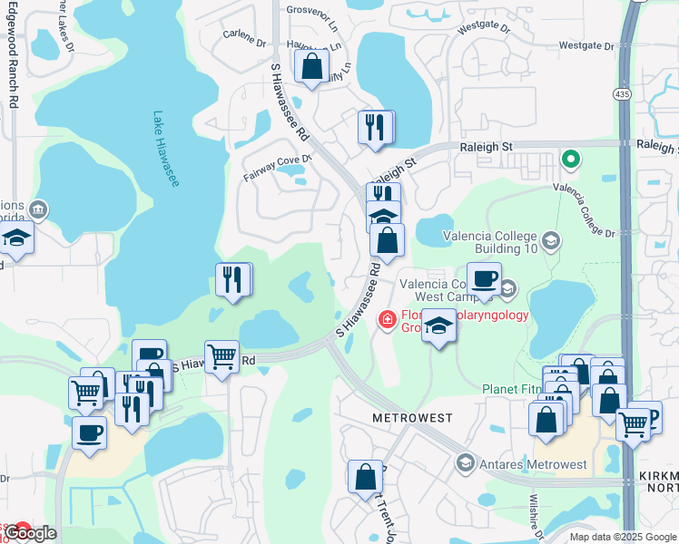map of restaurants, bars, coffee shops, grocery stores, and more near 1624 South Hiawassee Road in Orlando