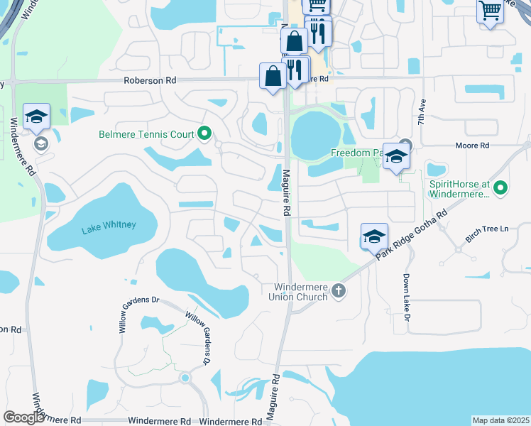 map of restaurants, bars, coffee shops, grocery stores, and more near 11039 Belmere Isles Court in Windermere