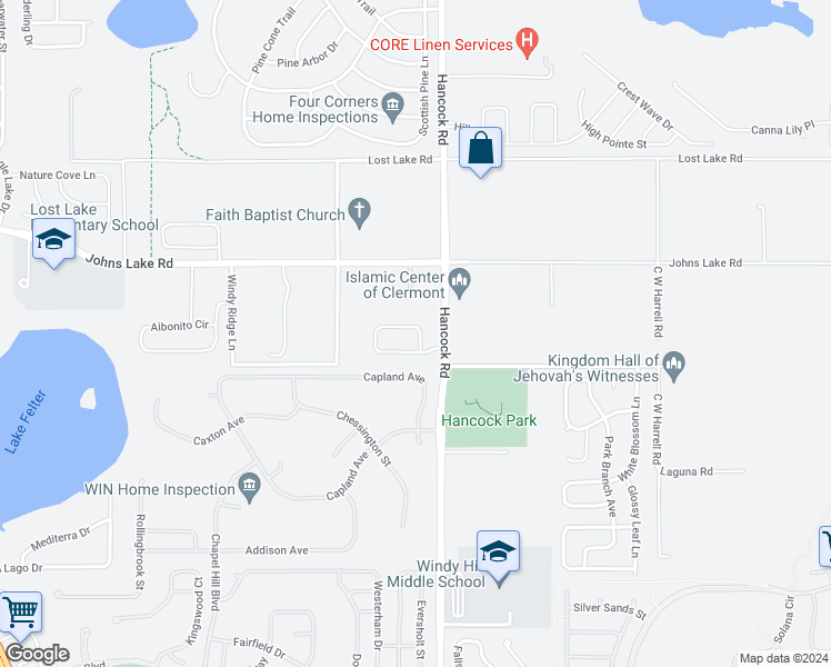 map of restaurants, bars, coffee shops, grocery stores, and more near 14935 Windy Mount Circle in Clermont