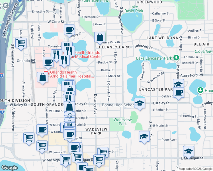 map of restaurants, bars, coffee shops, grocery stores, and more near 1632 South Osceola Avenue in Orlando