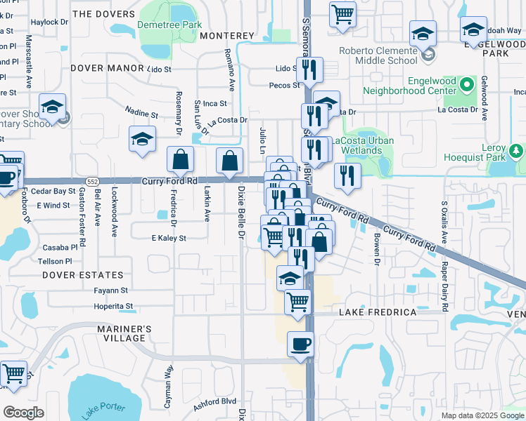 map of restaurants, bars, coffee shops, grocery stores, and more near 5610 Curry Ford Road in Orlando