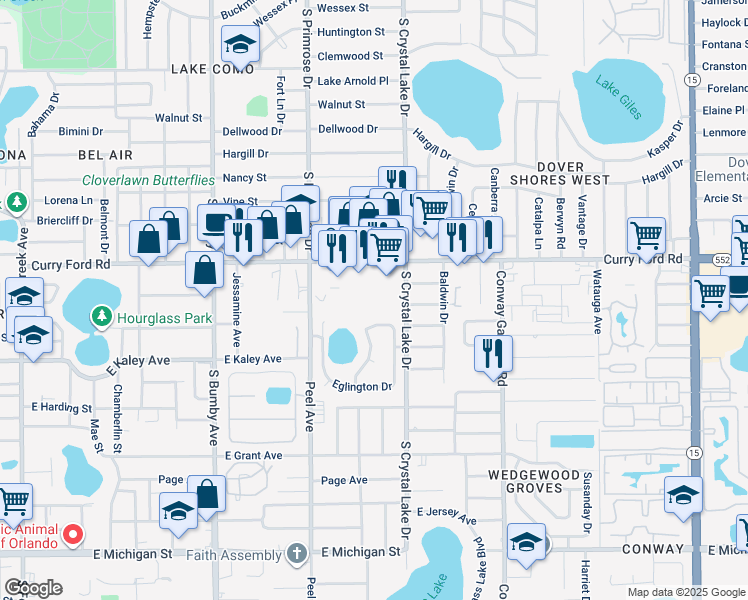 map of restaurants, bars, coffee shops, grocery stores, and more near 1628 South Crystal Lake Drive in Orlando