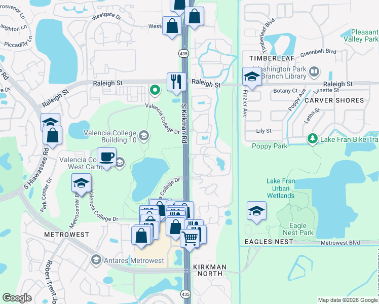 map of restaurants, bars, coffee shops, grocery stores, and more near 1681 South Kirkman Road in Orlando
