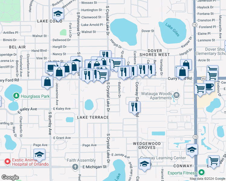 map of restaurants, bars, coffee shops, grocery stores, and more near 3215 Coe Avenue in Orlando