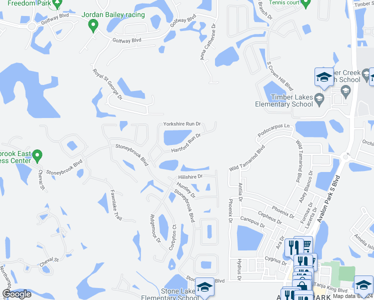 map of restaurants, bars, coffee shops, grocery stores, and more near 14810 Hartford Run Drive in Orlando