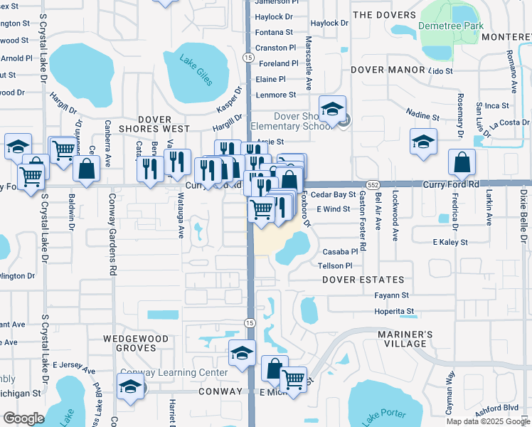 map of restaurants, bars, coffee shops, grocery stores, and more near 4440 Curry Ford Road in Orlando