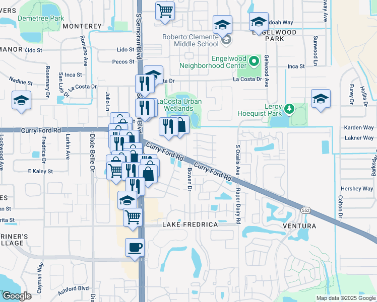 map of restaurants, bars, coffee shops, grocery stores, and more near 5889 Curry Ford Road in Orlando