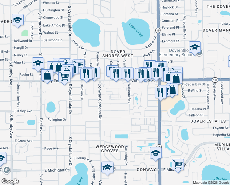 map of restaurants, bars, coffee shops, grocery stores, and more near Unnamed Road in Orlando