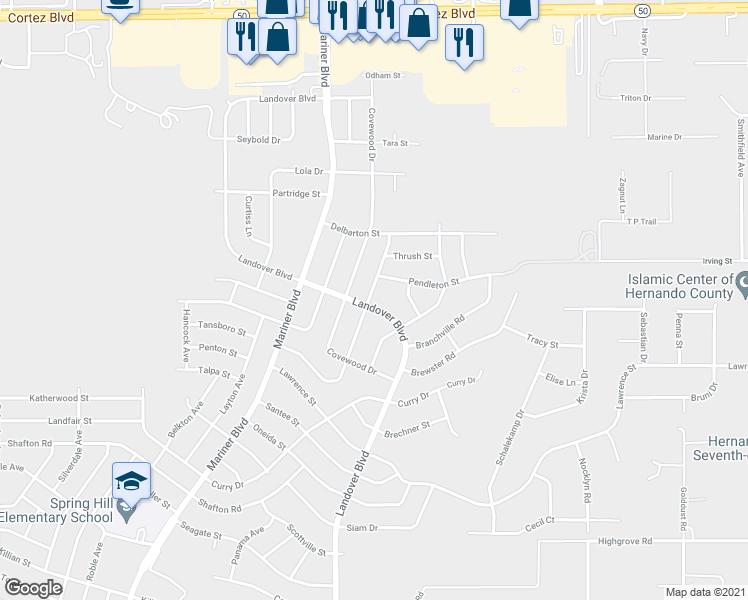 map of restaurants, bars, coffee shops, grocery stores, and more near 6472 Grapewood Road in Spring Hill