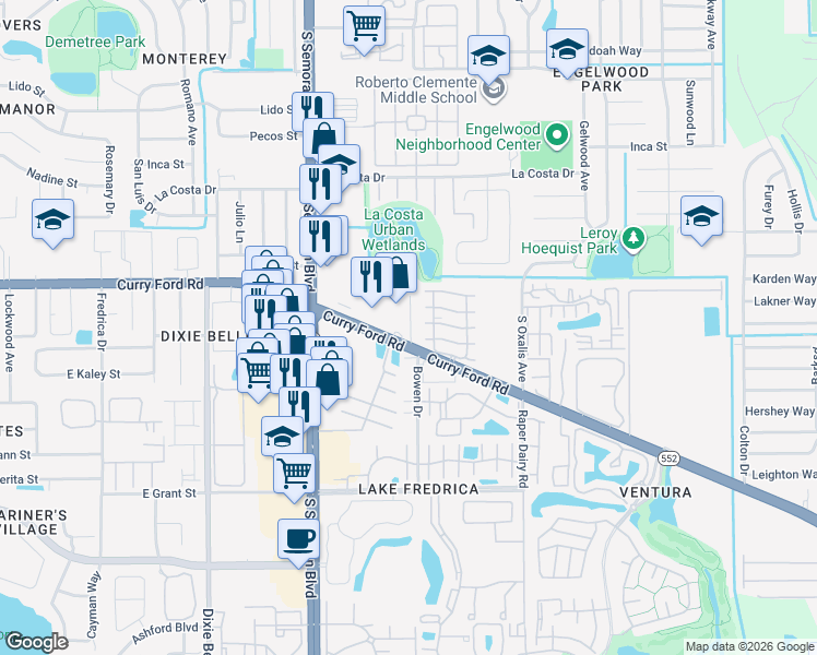 map of restaurants, bars, coffee shops, grocery stores, and more near 5905 Clydesdale Place in Orlando
